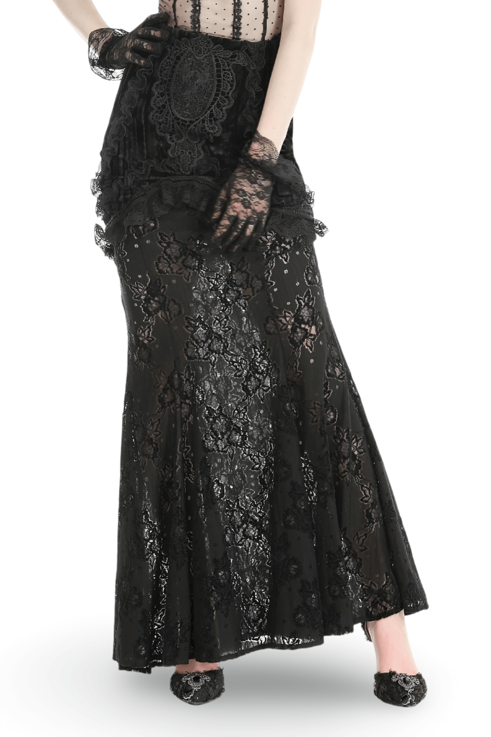 Elegant gothic black lace layered long skirt for women, featuring intricate detailing and a high-waist design.