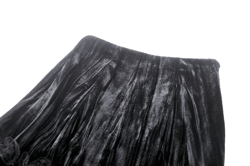 Close-up of the waistband of a Gothic Black Lace Layered Long Skirt in elegant black velvet fabric.