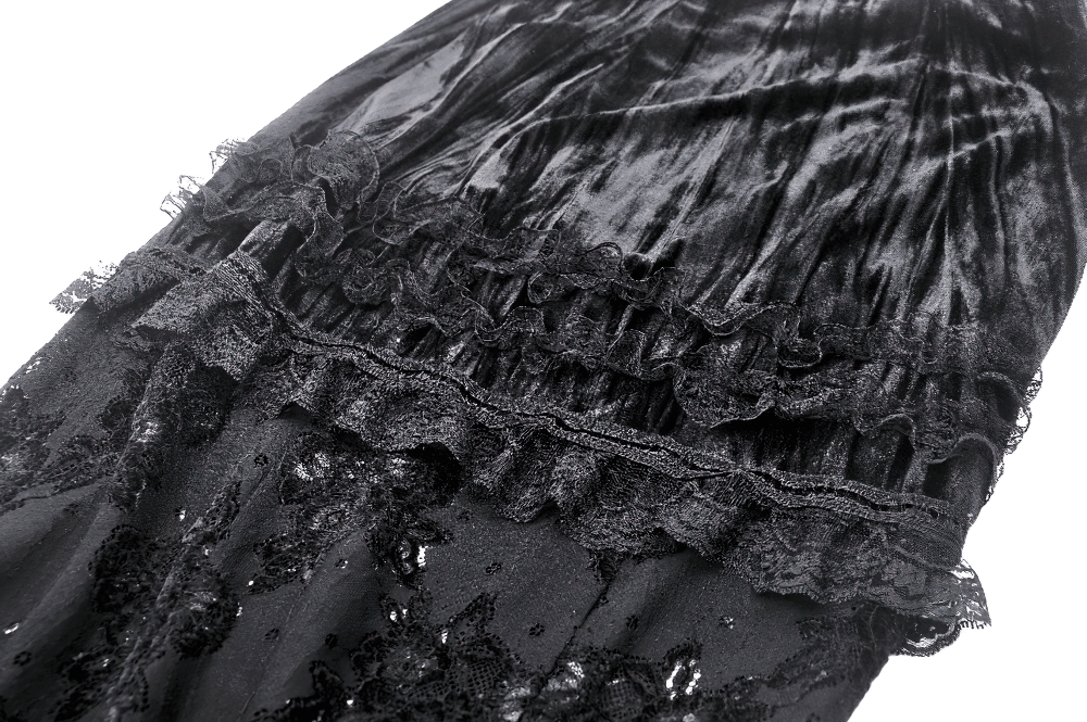 Elegant black lace layered long skirt showcasing intricate detailing and ruffled edges, perfect for gothic fashion enthusiasts.
