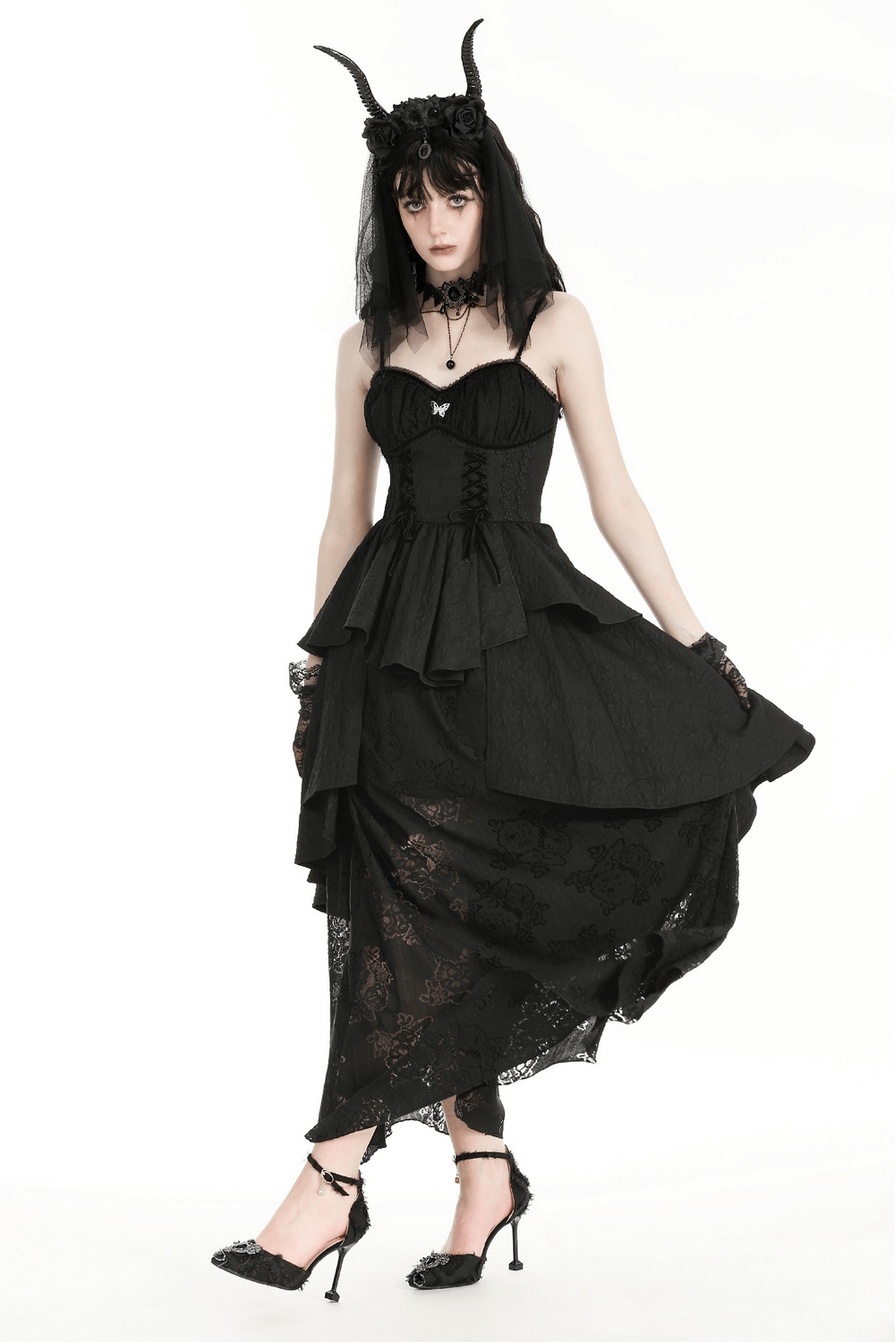 Gothic Black Lace Long Dress with Butterfly Accent