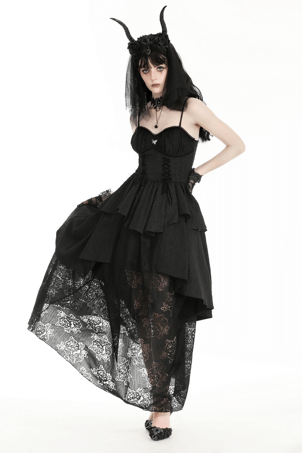 Gothic Black Lace Long Dress with Butterfly Accent