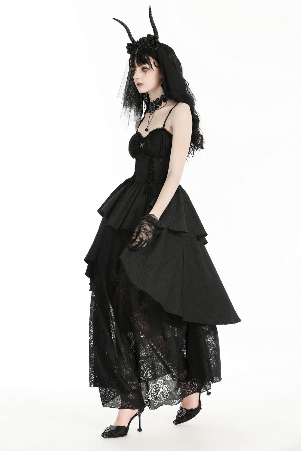 Gothic Black Lace Long Dress with Butterfly Accent