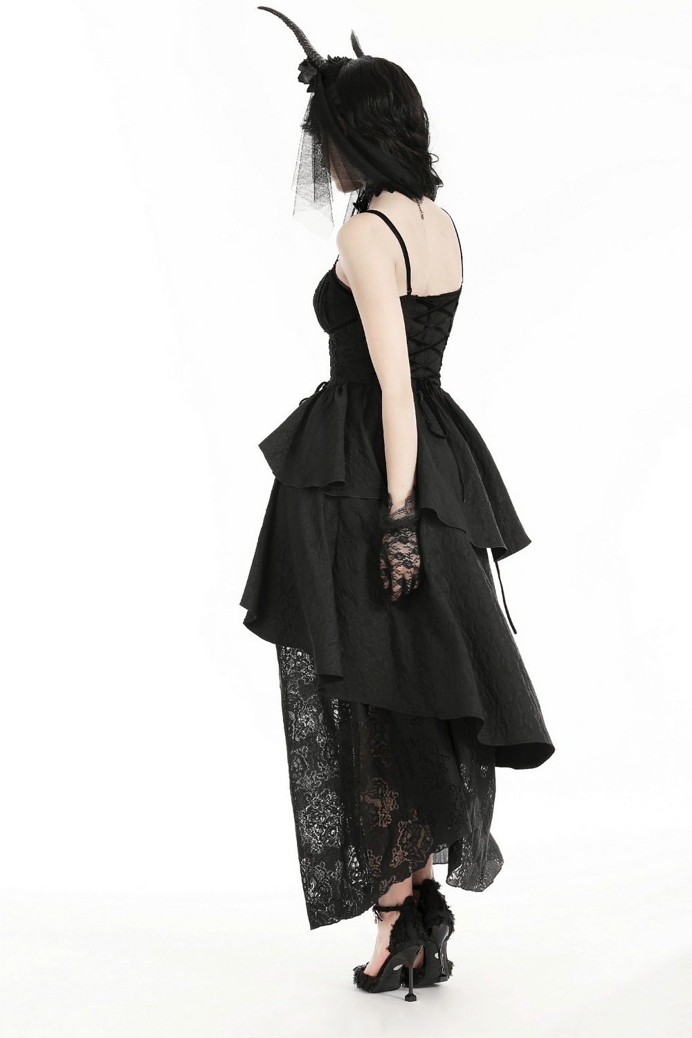 Gothic Black Lace Long Dress with Butterfly Accent