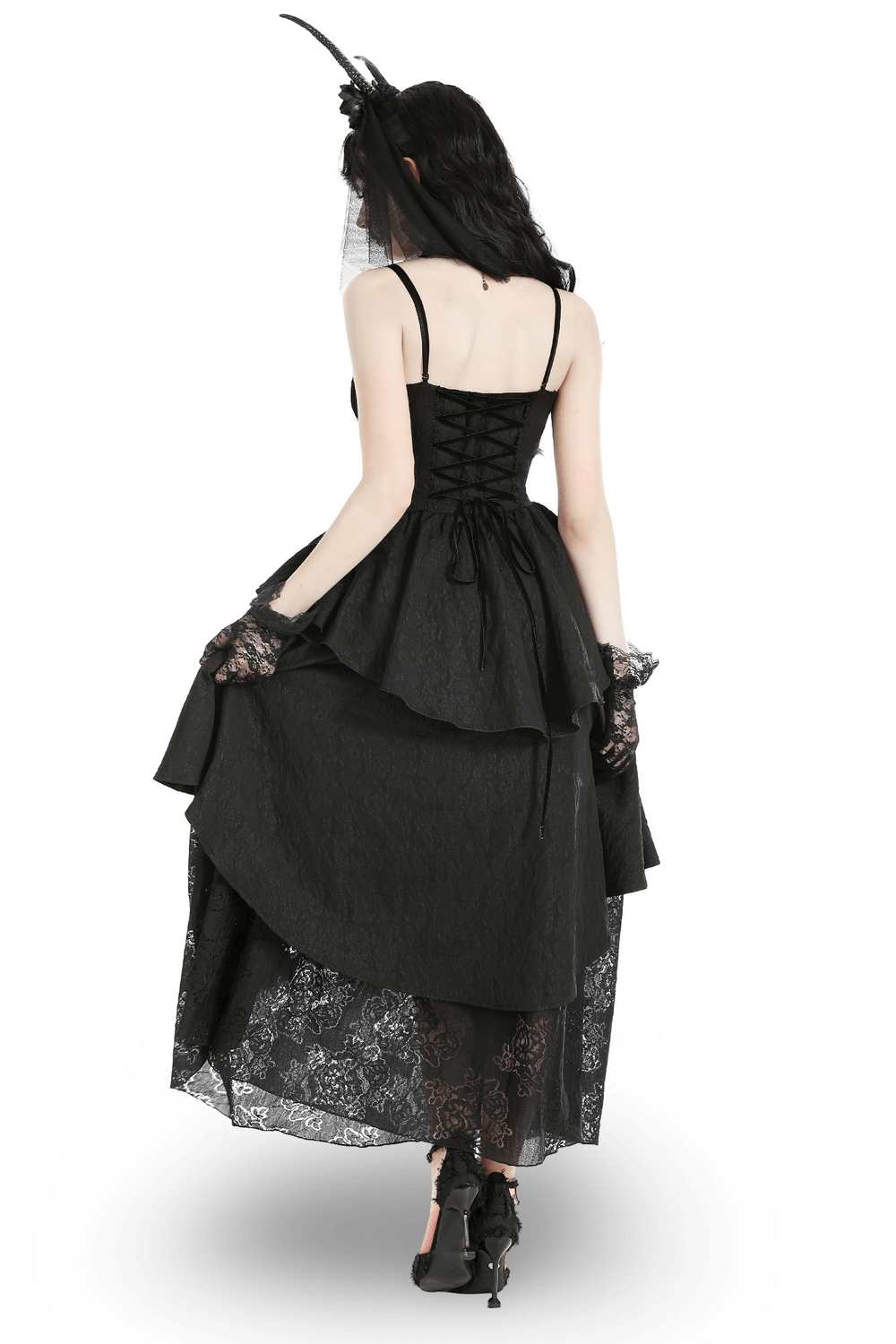 Gothic Black Lace Long Dress with Butterfly Accent