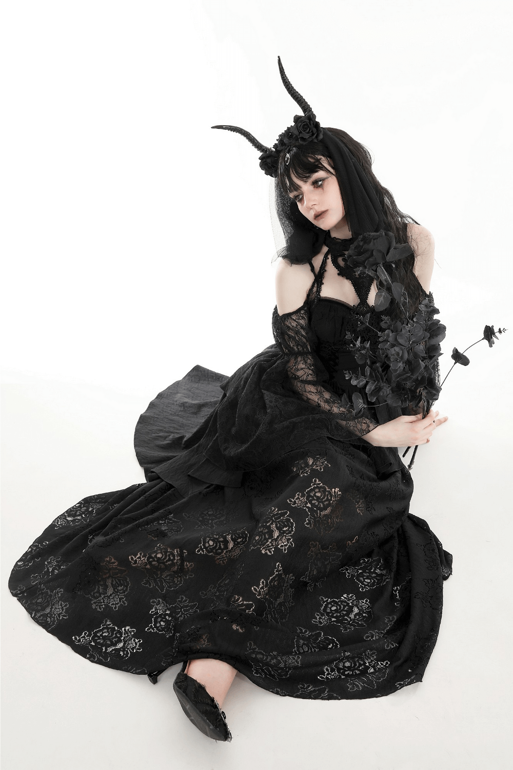 Gothic Black Lace Long Dress with Butterfly Accent