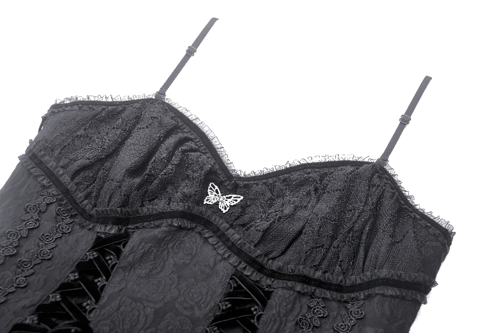 Gothic Black Lace Long Dress with Butterfly Accent