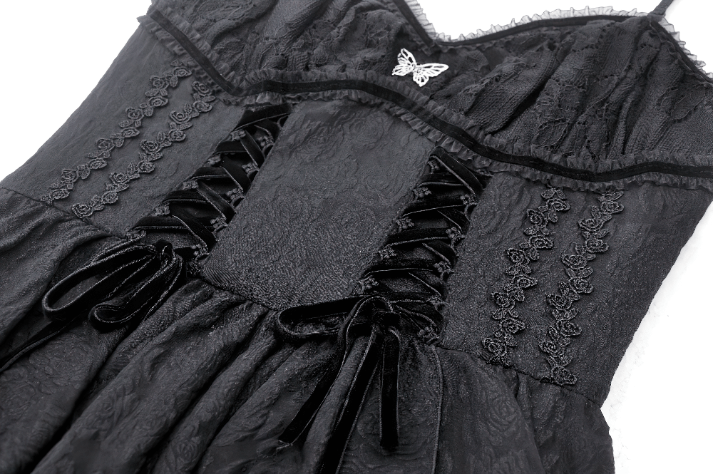 Gothic Black Lace Long Dress with Butterfly Accent