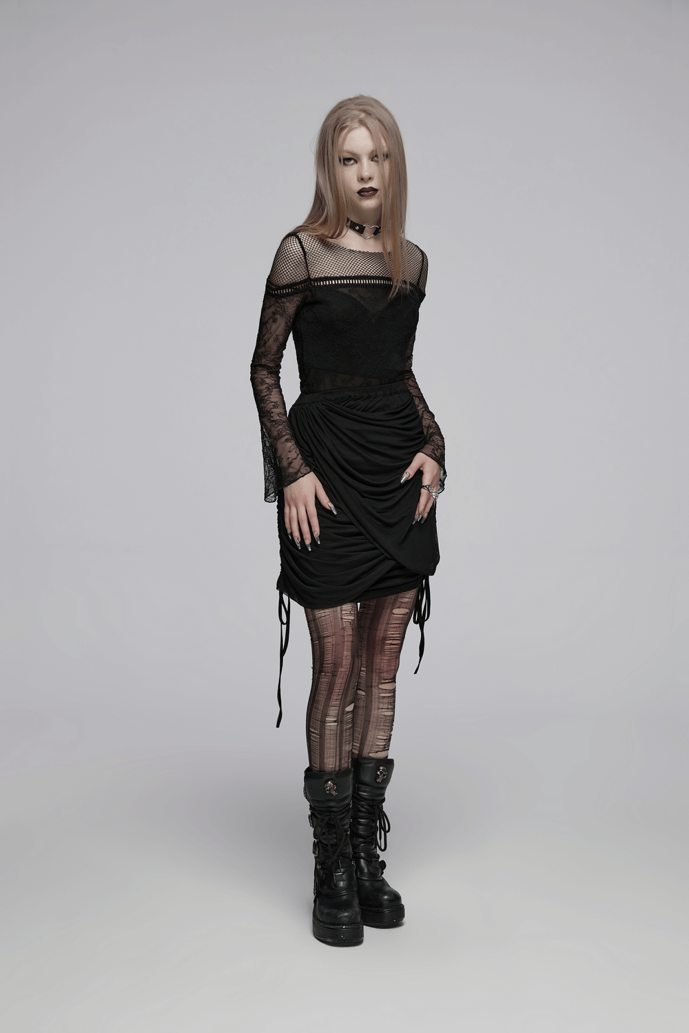 Gothic black lace long sleeve top with mesh panels and dramatic flared sleeves, perfect for edgy style.
