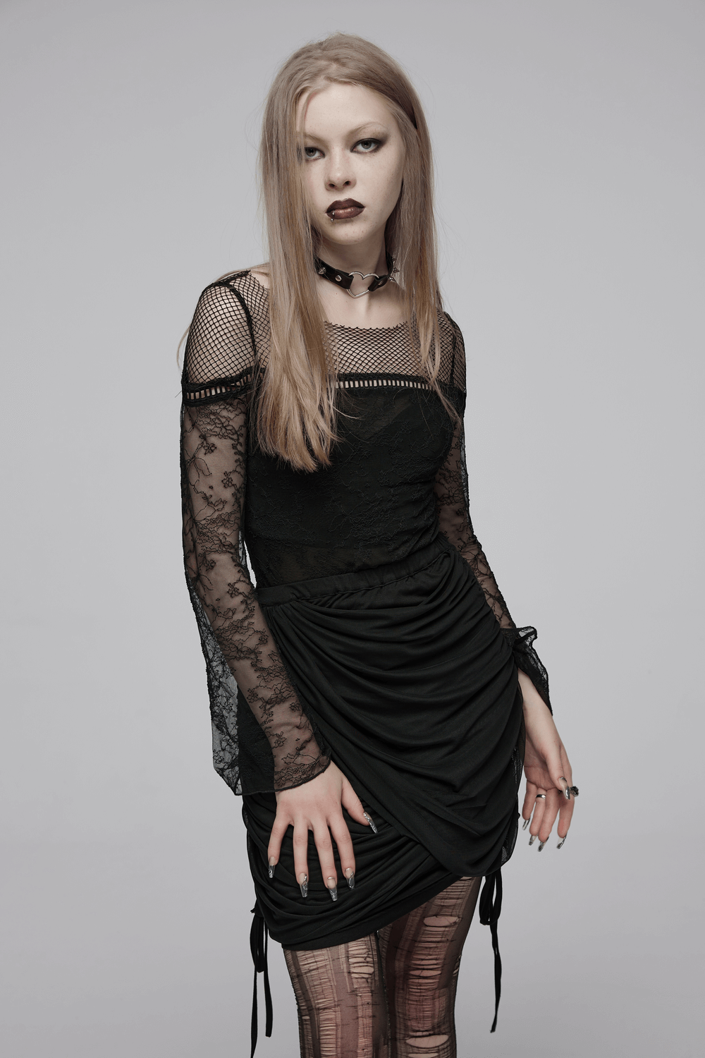 Gothic black lace long sleeve top with mesh panels and flared sleeves for a stylish edge.
