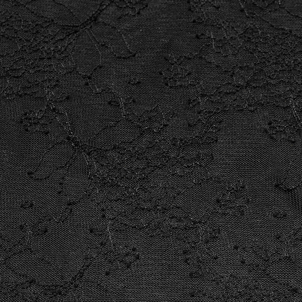 Close-up of gothic black lace fabric with intricate floral patterns, ideal for a stylish long sleeve top.