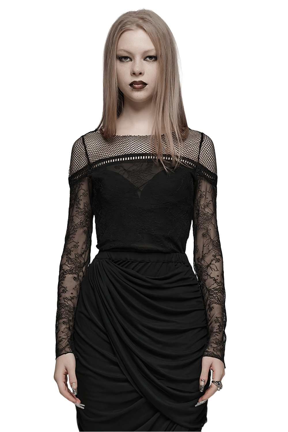 Gothic black lace top with mesh panels and flared sleeves, perfect for edgy evening looks.
