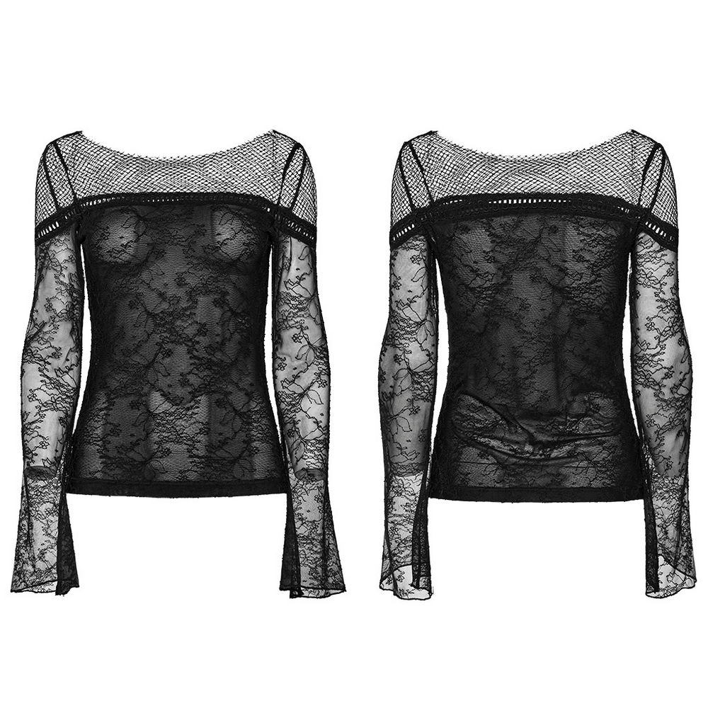 Gothic Black Lace Long Sleeve Top with Mesh Panels