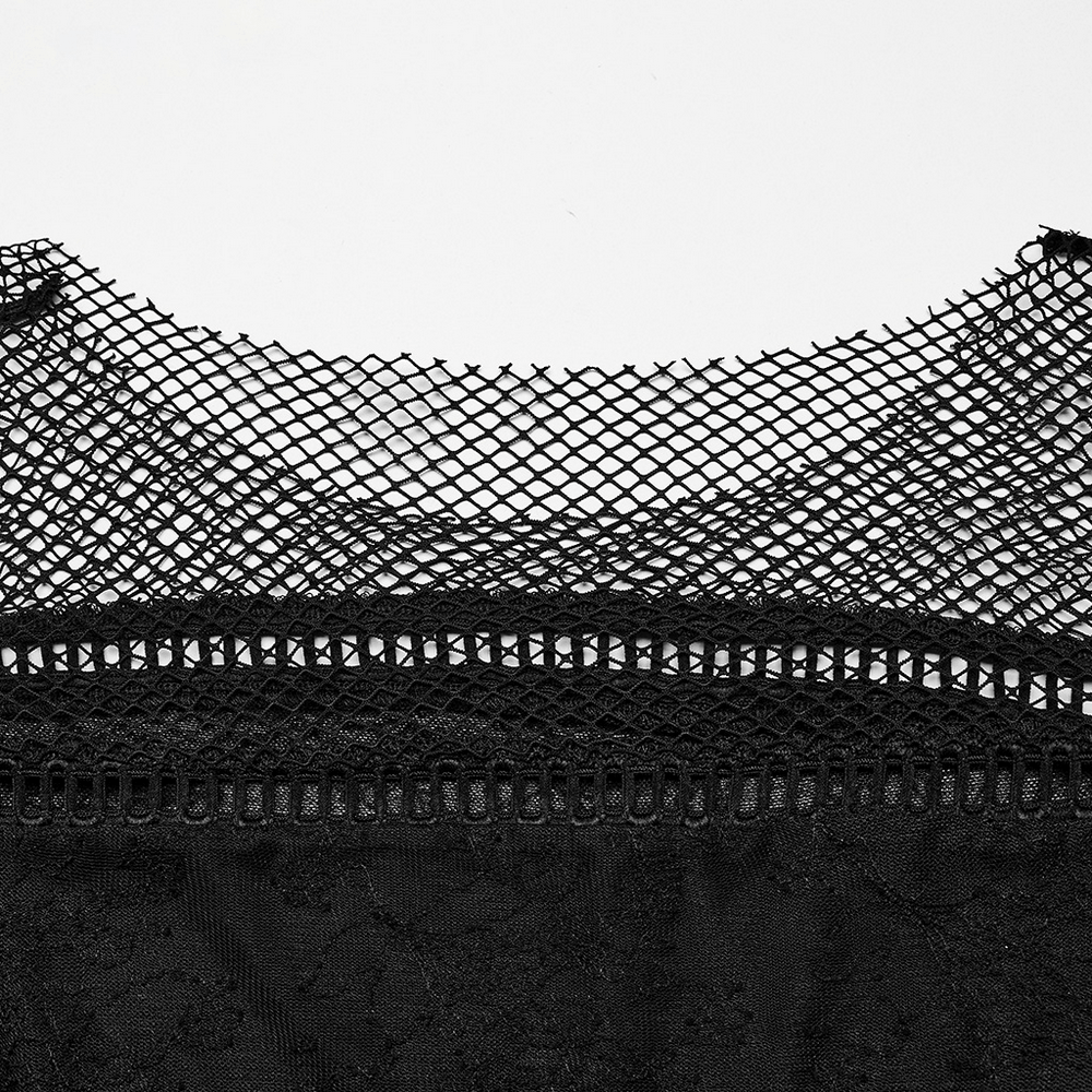 Gothic black lace top featuring elegant mesh panels and flared sleeves for a chic evening style.