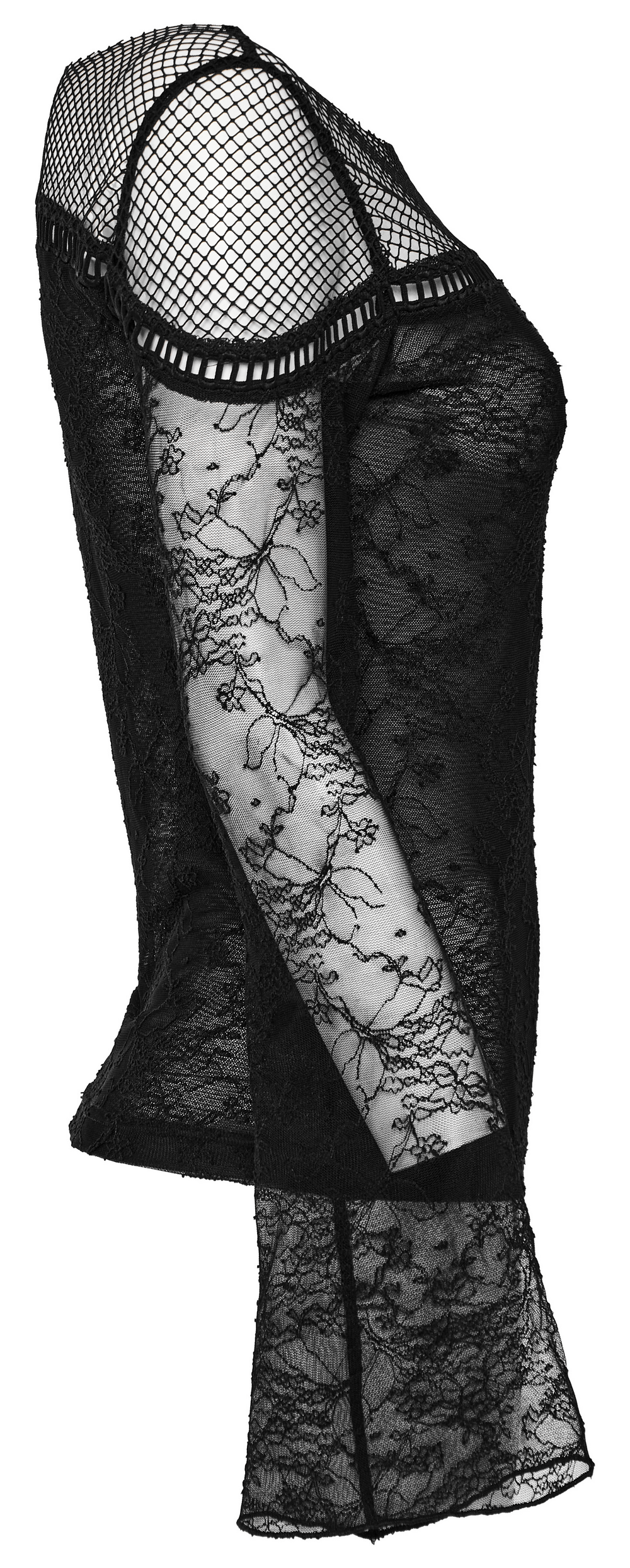 Gothic black lace top with long mesh sleeves and flared cuffs, perfect for a stylish night out or edgy everyday wear.