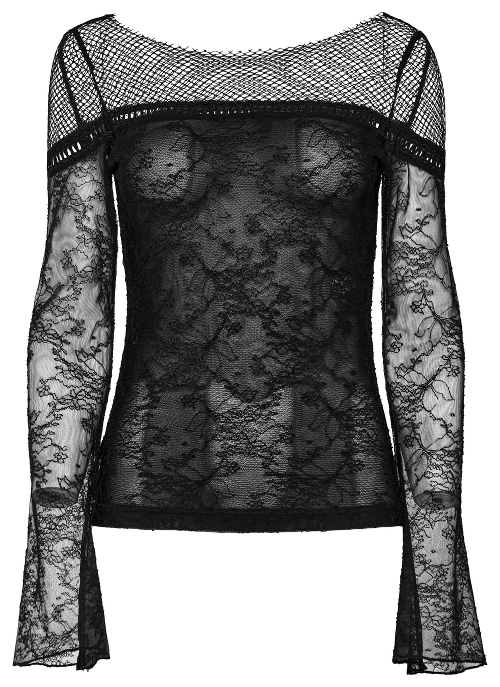 Gothic black lace long sleeve top with flared cuffs and mesh panels, perfect for a chic night out.