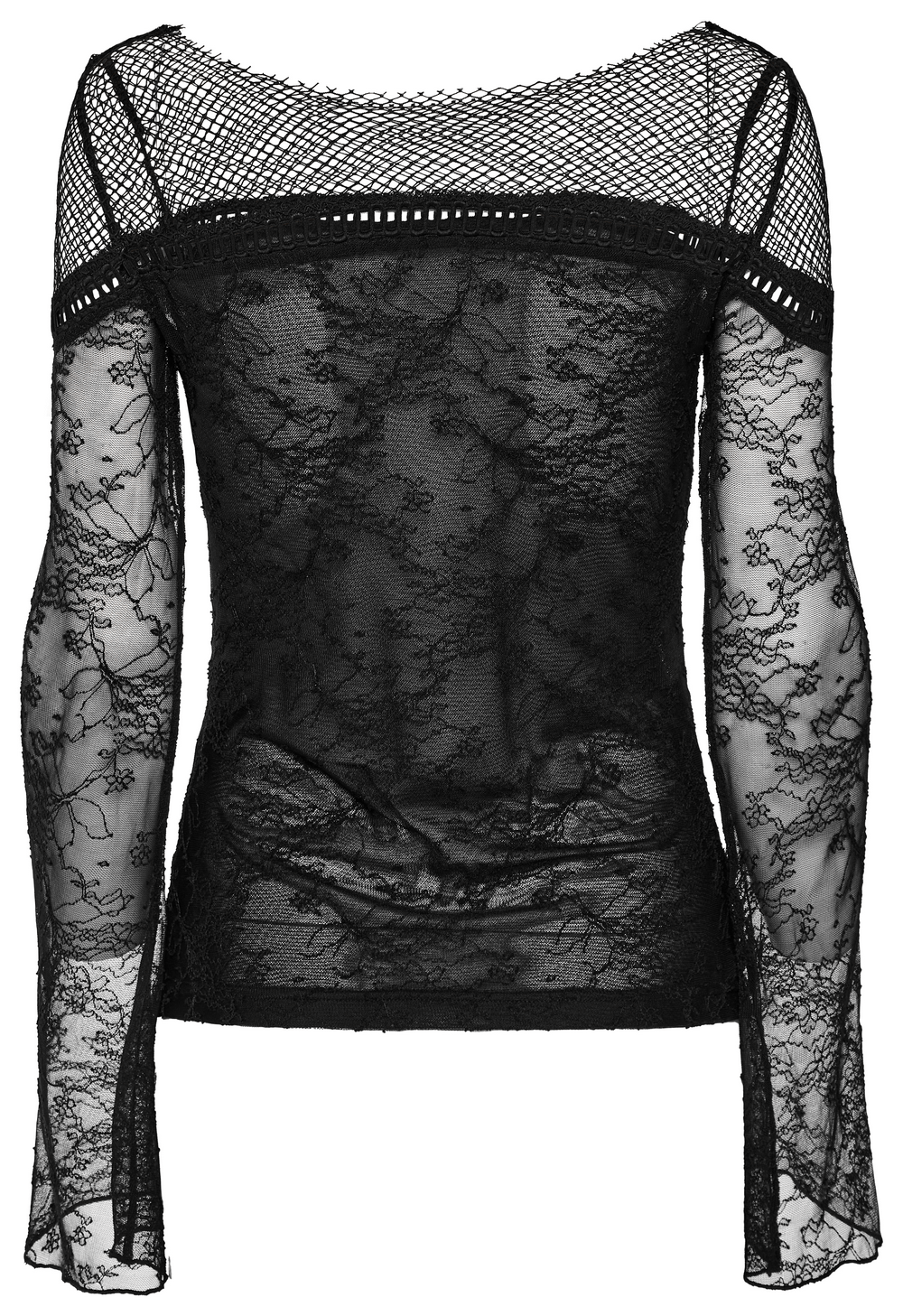 Elegant gothic black lace top with mesh panels and flared sleeves, showcasing a stylish back design.