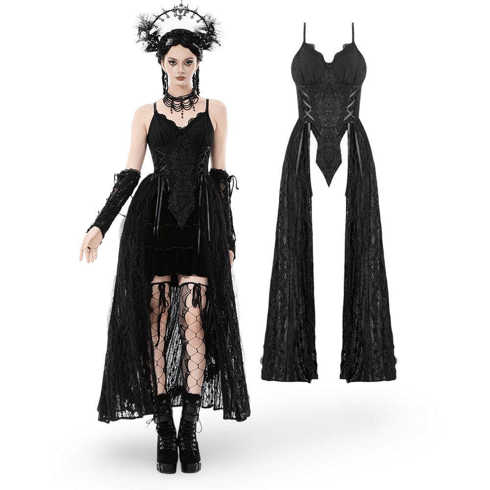 Gothic Black Lace Maxi Dress with Split Panels showcasing elegant corset and lace details on a mannequin.