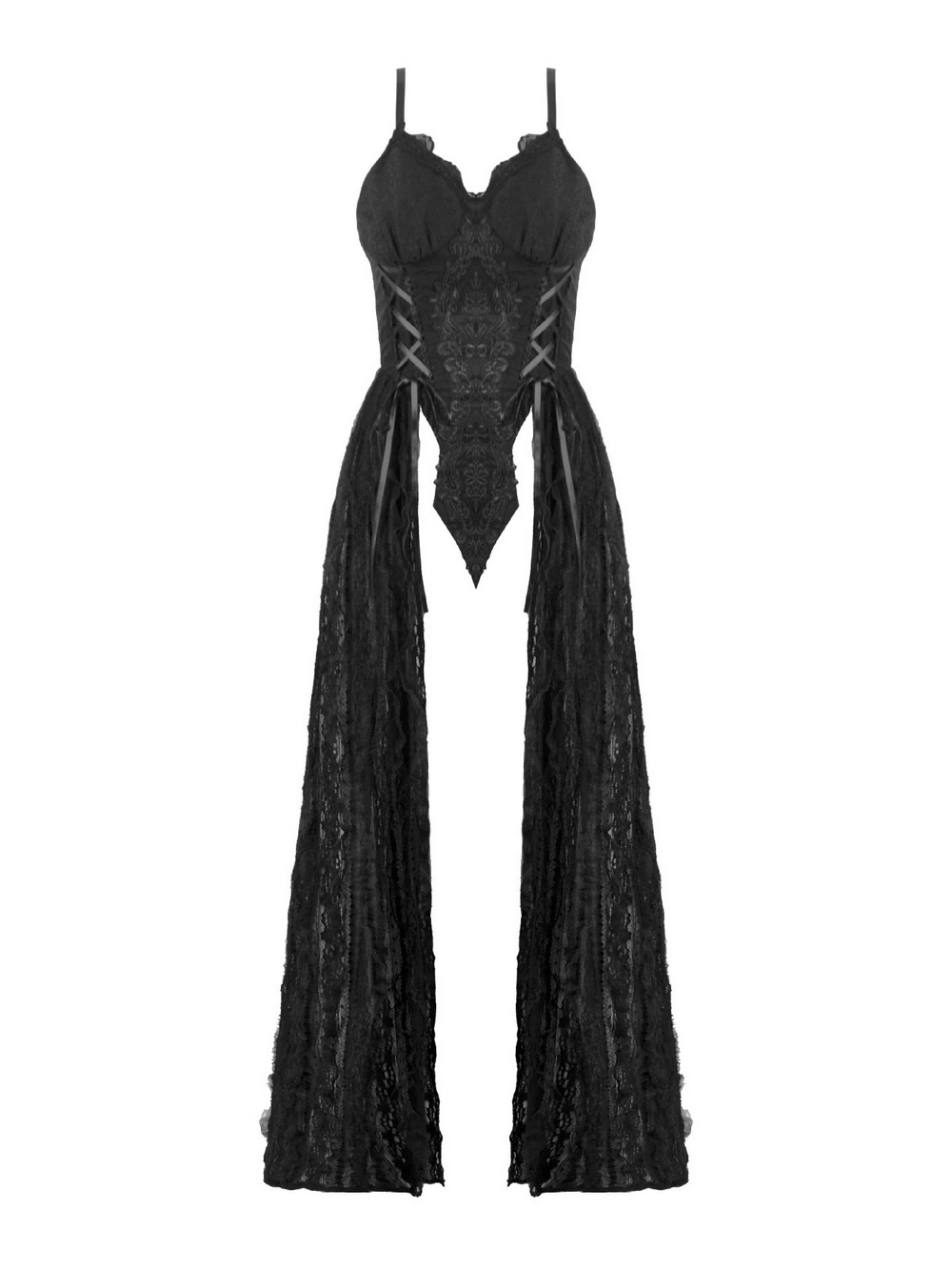 Gothic Black Lace Maxi Dress with Split Panels featuring a corset bodice and flowing lace overlay.