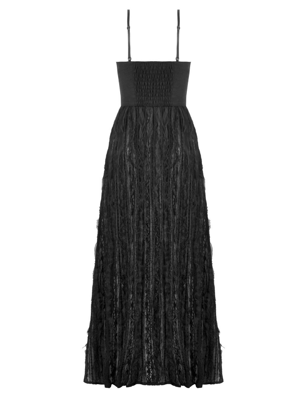 Gothic Black Lace Maxi Dress with Split Panels featuring a corset-style bodice and flowing lace overlay.