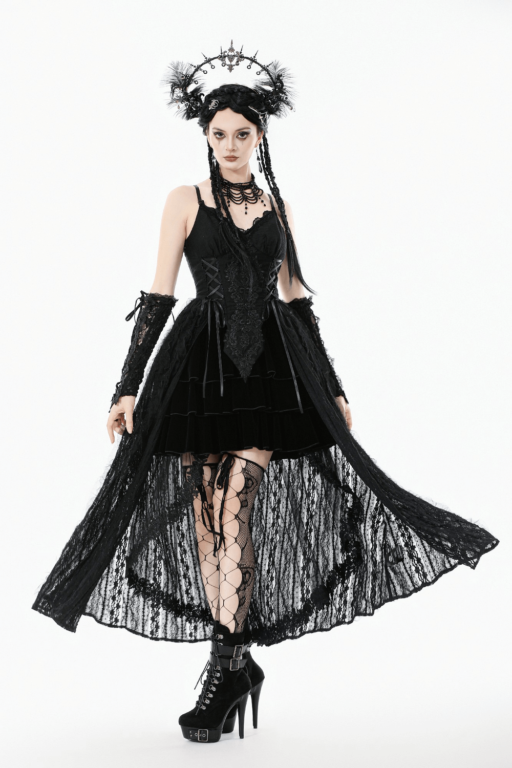 Gothic Black Lace Maxi Dress with Split Panels featuring a corset bodice and flowing lace skirt.