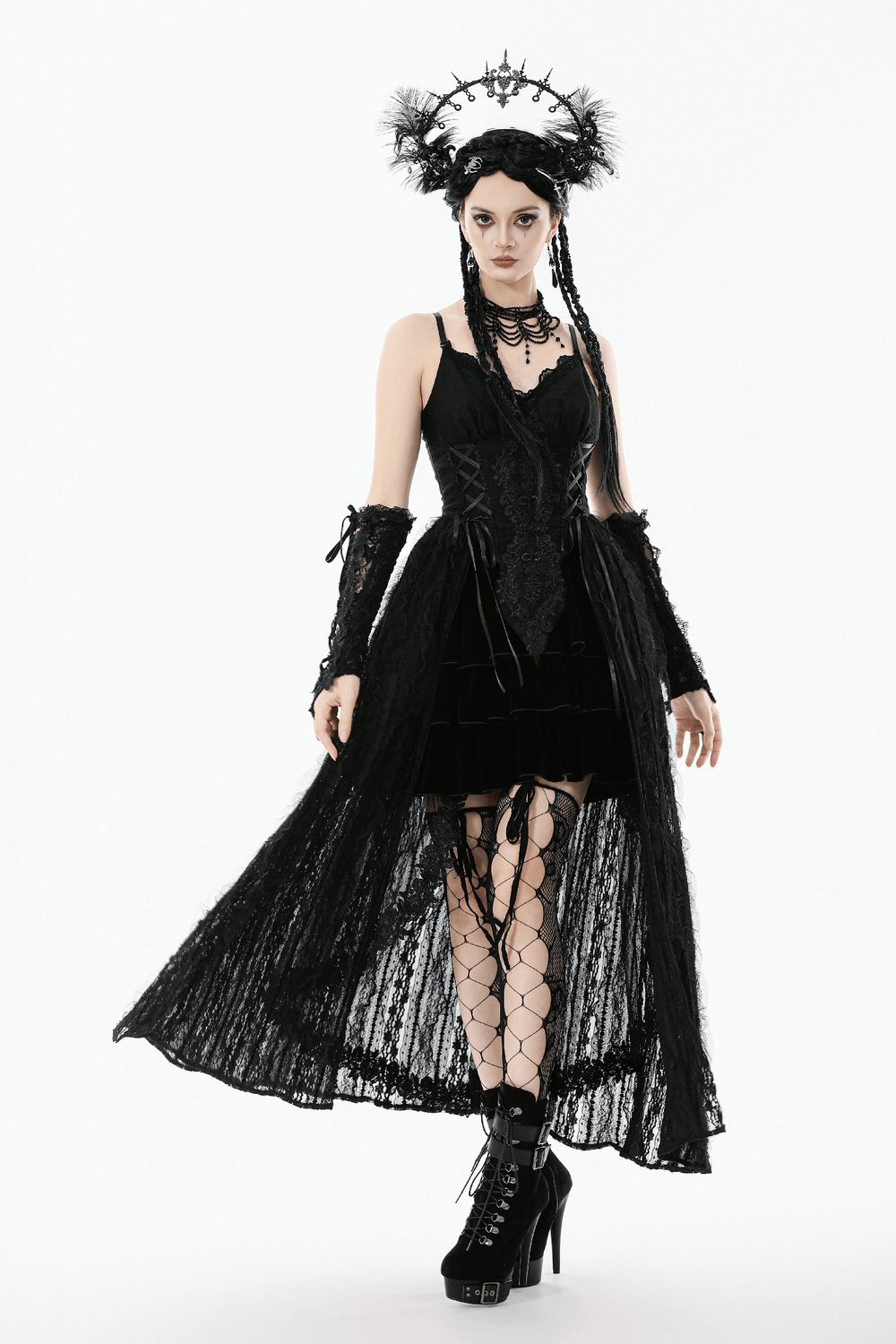 Gothic Black Lace Maxi Dress with Split Panels showcasing a corset bodice and flowing lace overlay.