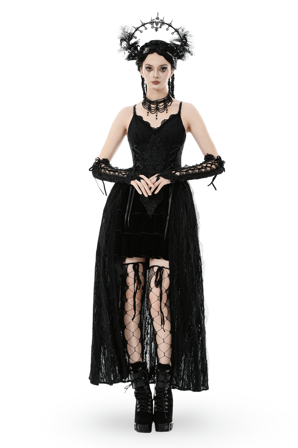Gothic Black Lace Maxi Dress with Split Panels worn by a model, showcasing corset bodice and flowing lace overlay.