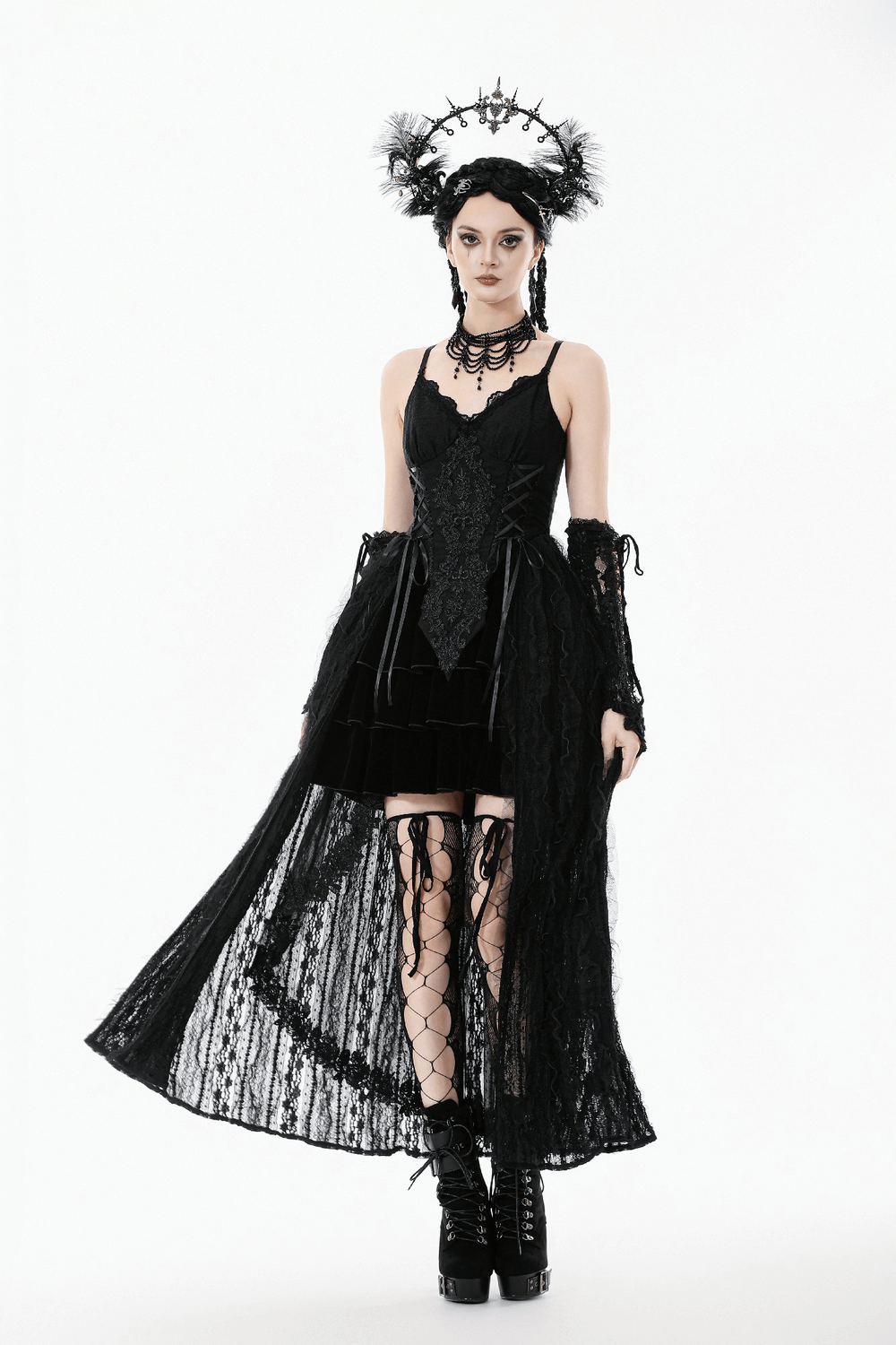 Gothic Black Lace Maxi Dress with Split Panels featuring a corset and flowing lace overlay.