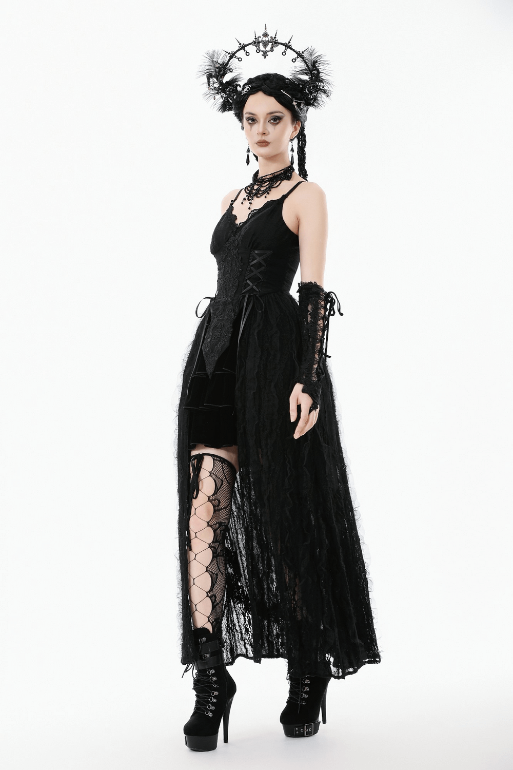 Gothic Black Lace Maxi Dress with Split Panels worn by model, featuring corset bodice and long lace train.