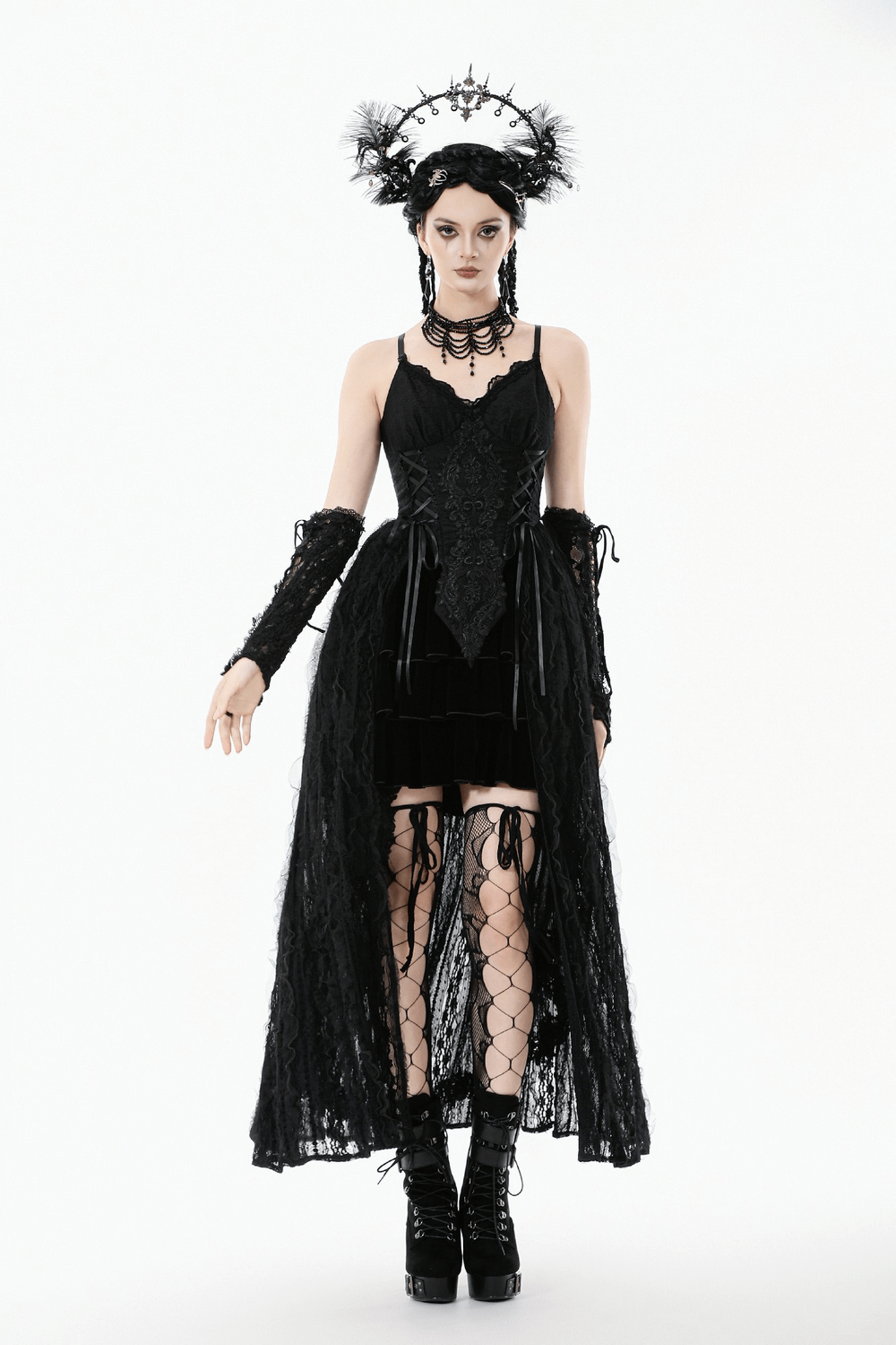 Gothic Black Lace Maxi Dress with Split Panels, featuring corset bodice and flowing lace overlay.