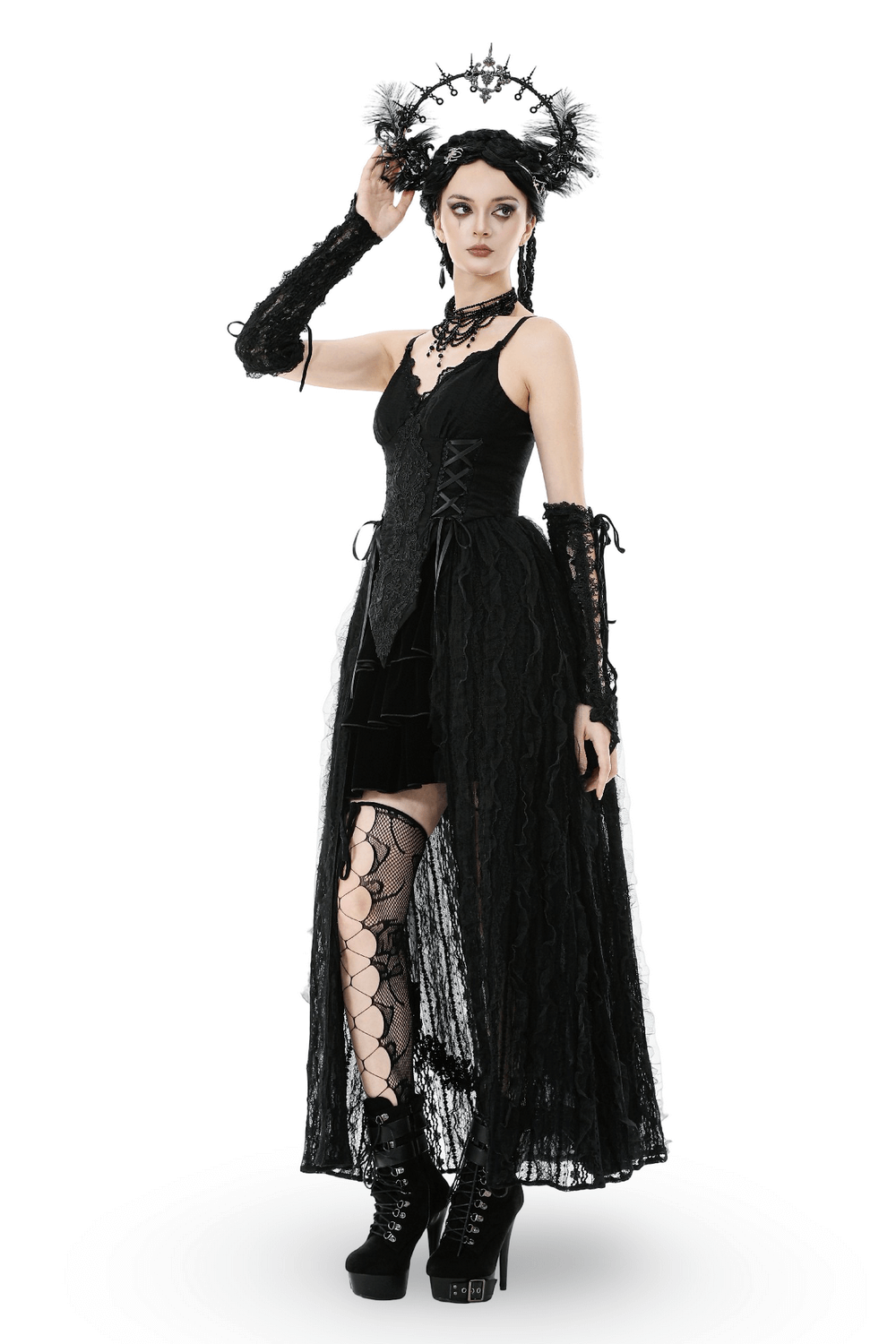 Gothic Black Lace Maxi Dress with Split Panels, featuring a corset bodice and lace overlay, perfect for dark elegance.