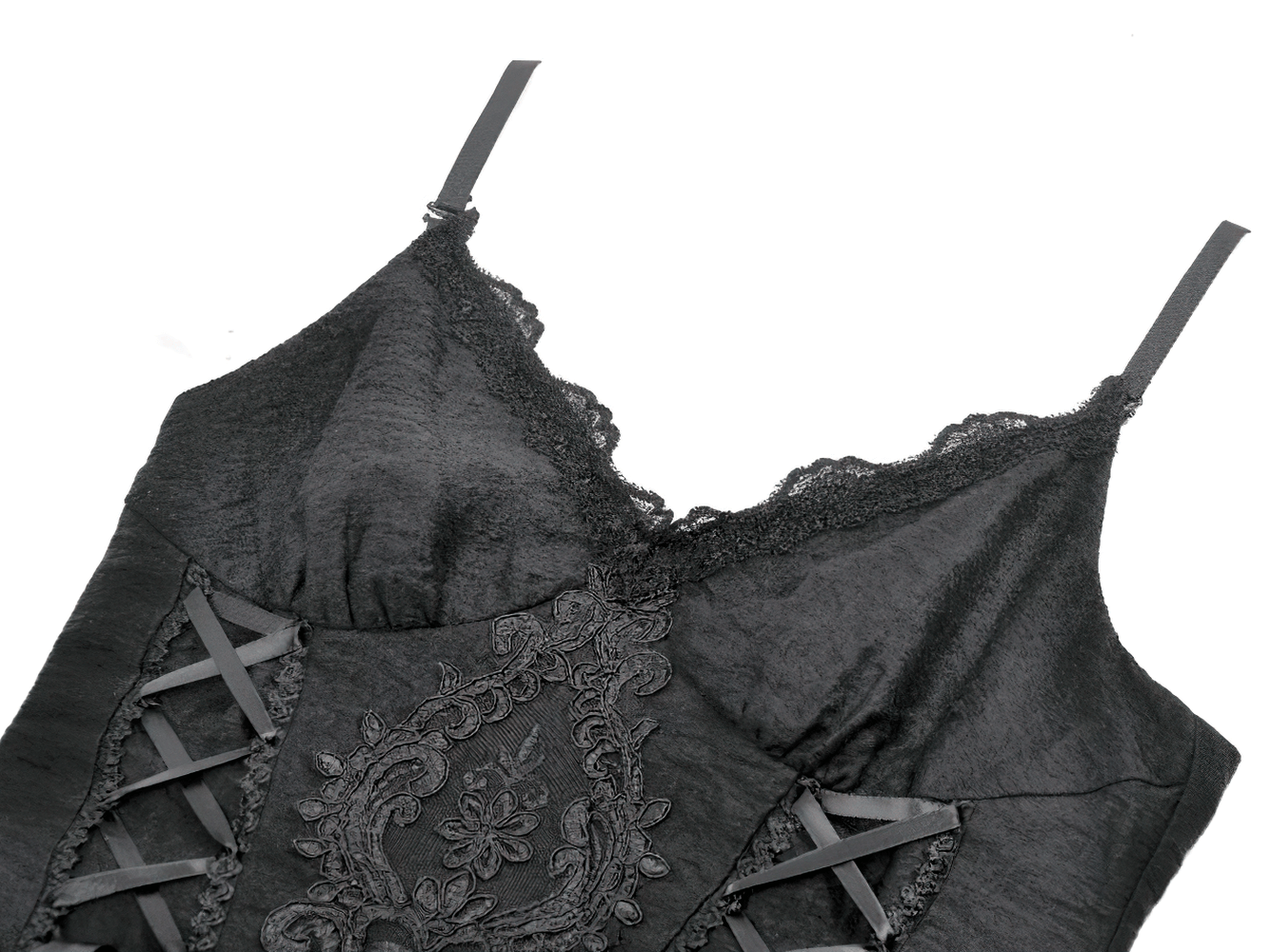 Gothic Black Lace Maxi Dress with Split Panels featuring corset bodice and intricate lace details.