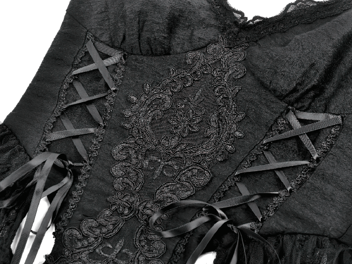 Gothic Black Lace Maxi Dress with Split Panels featuring intricate lace and corset details.