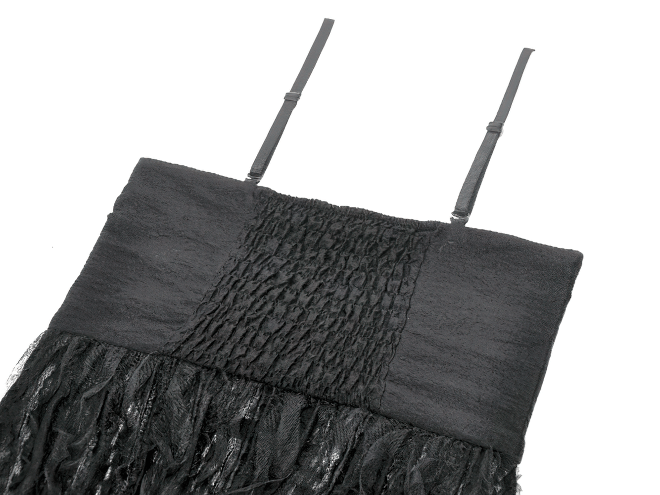 Gothic Black Lace Maxi Dress with Split Panels featuring adjustable straps and detailed smocking on the bodice.