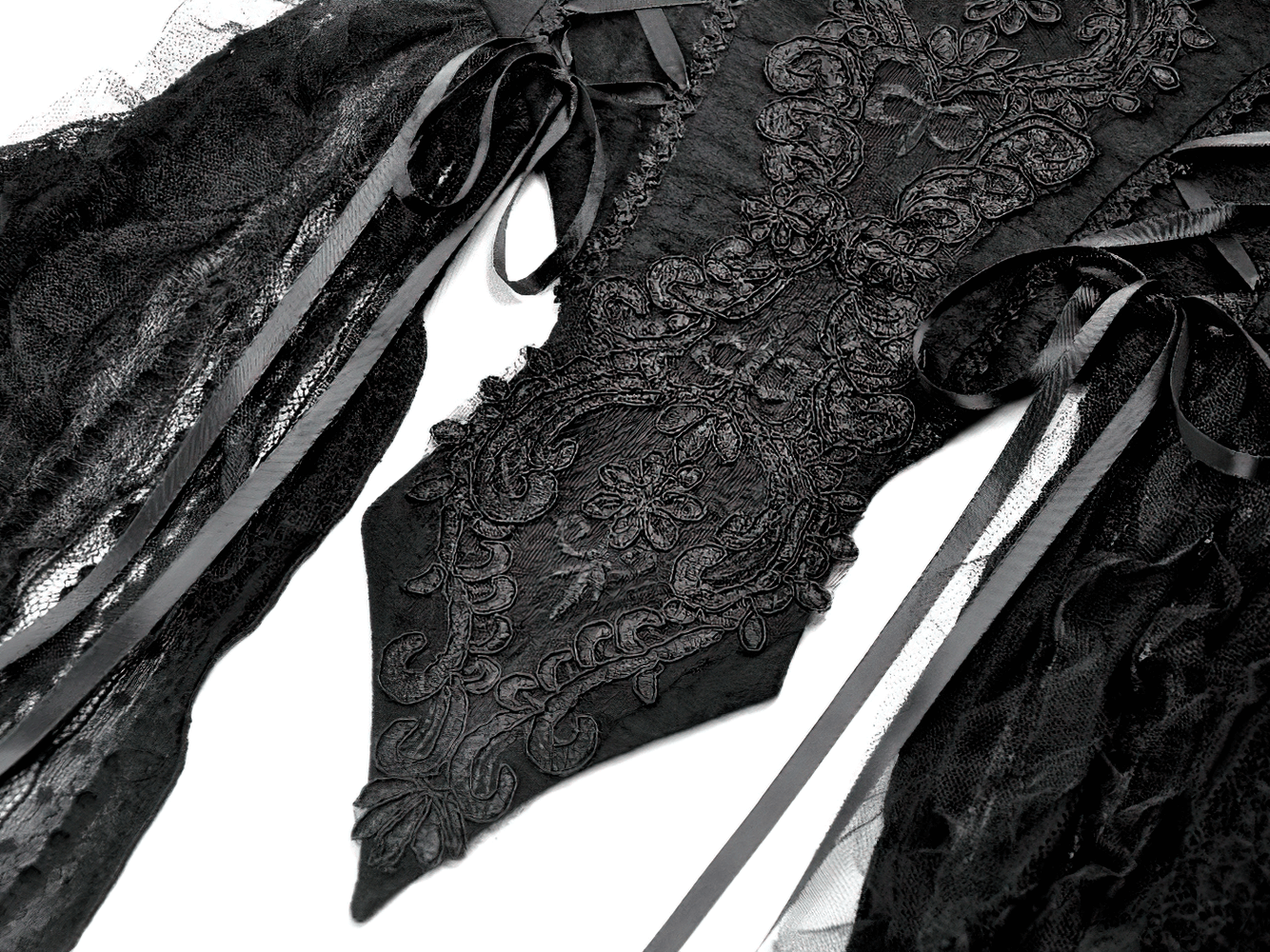 Gothic Black Lace Maxi Dress with Split Panels featuring intricate lace details and corset-style ribbons.