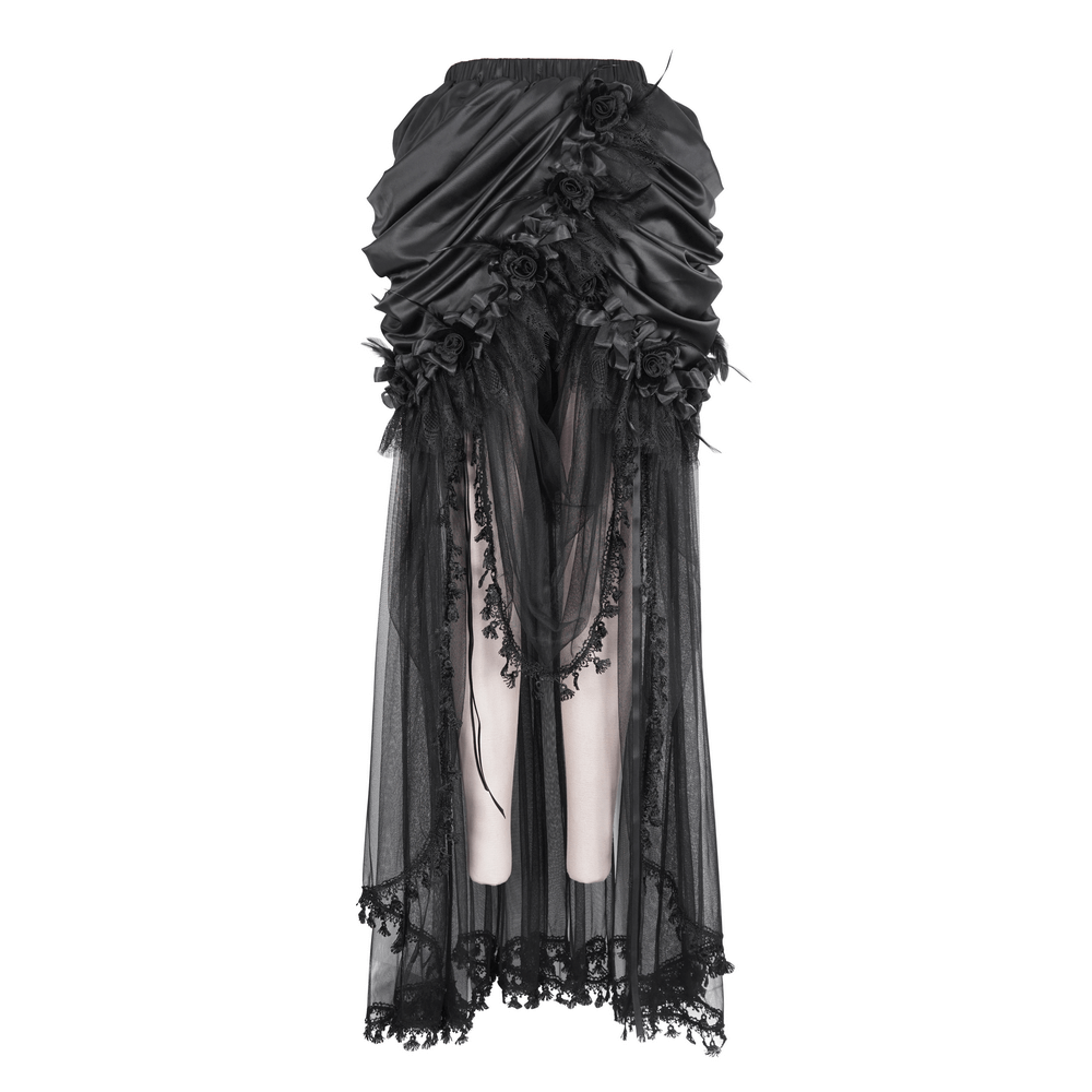 Elegant black lace maxi skirt with satin lining and ruffled floral details, perfect for gothic chic looks.