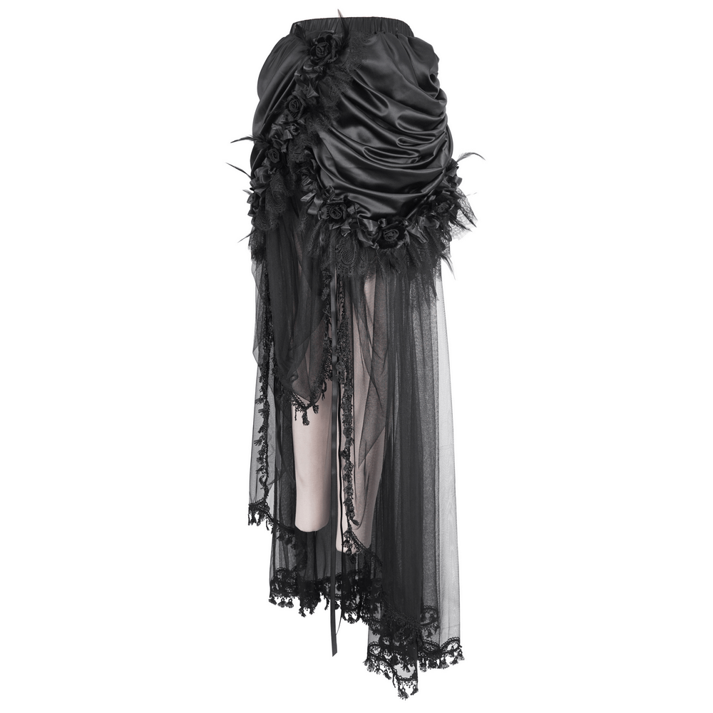 Gothic black lace maxi skirt with satin lining, featuring ruffles and intricate lace detailing for a chic evening look.