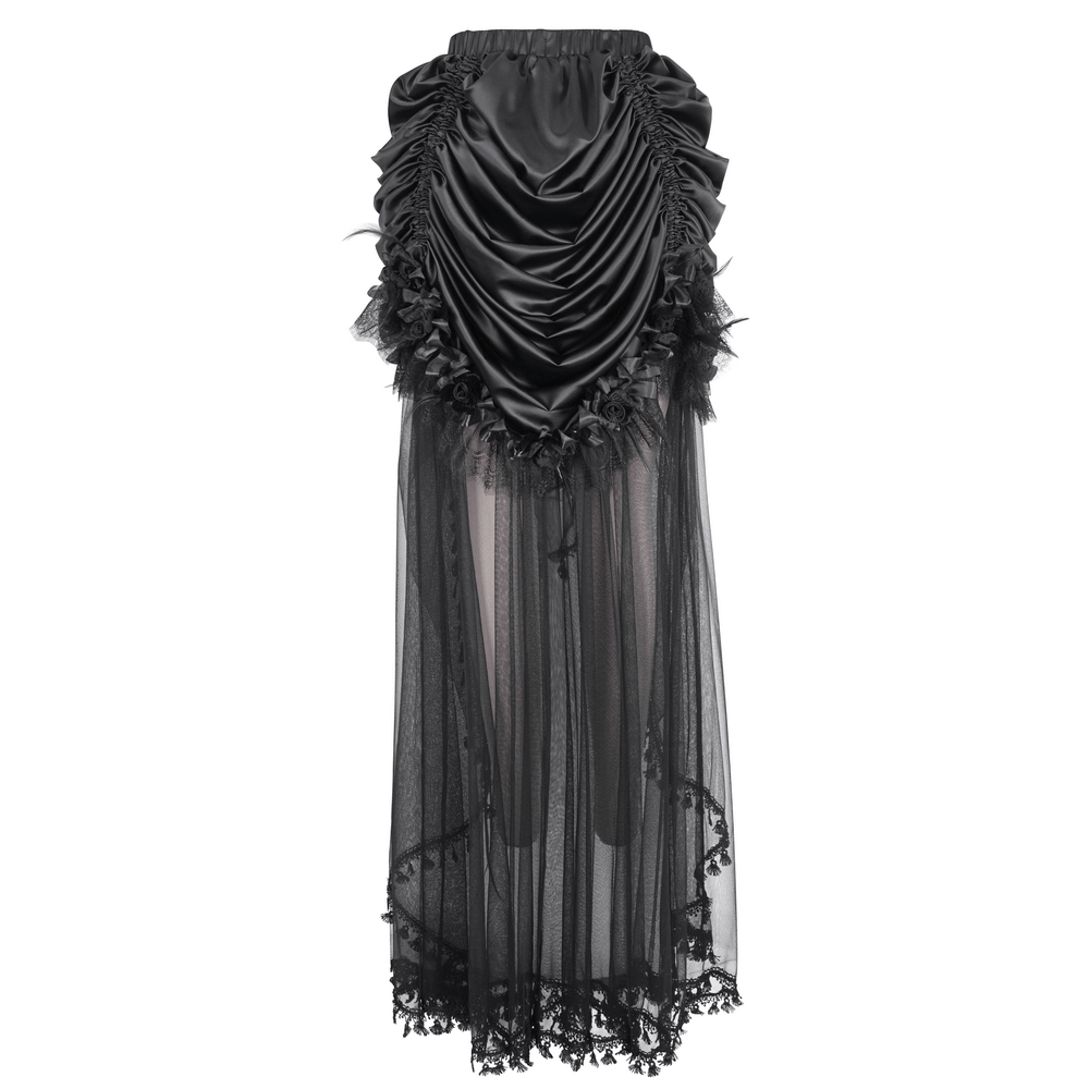 Gothic black lace maxi skirt with satin lining, featuring ruffled details and a flowy silhouette for a dramatic style.