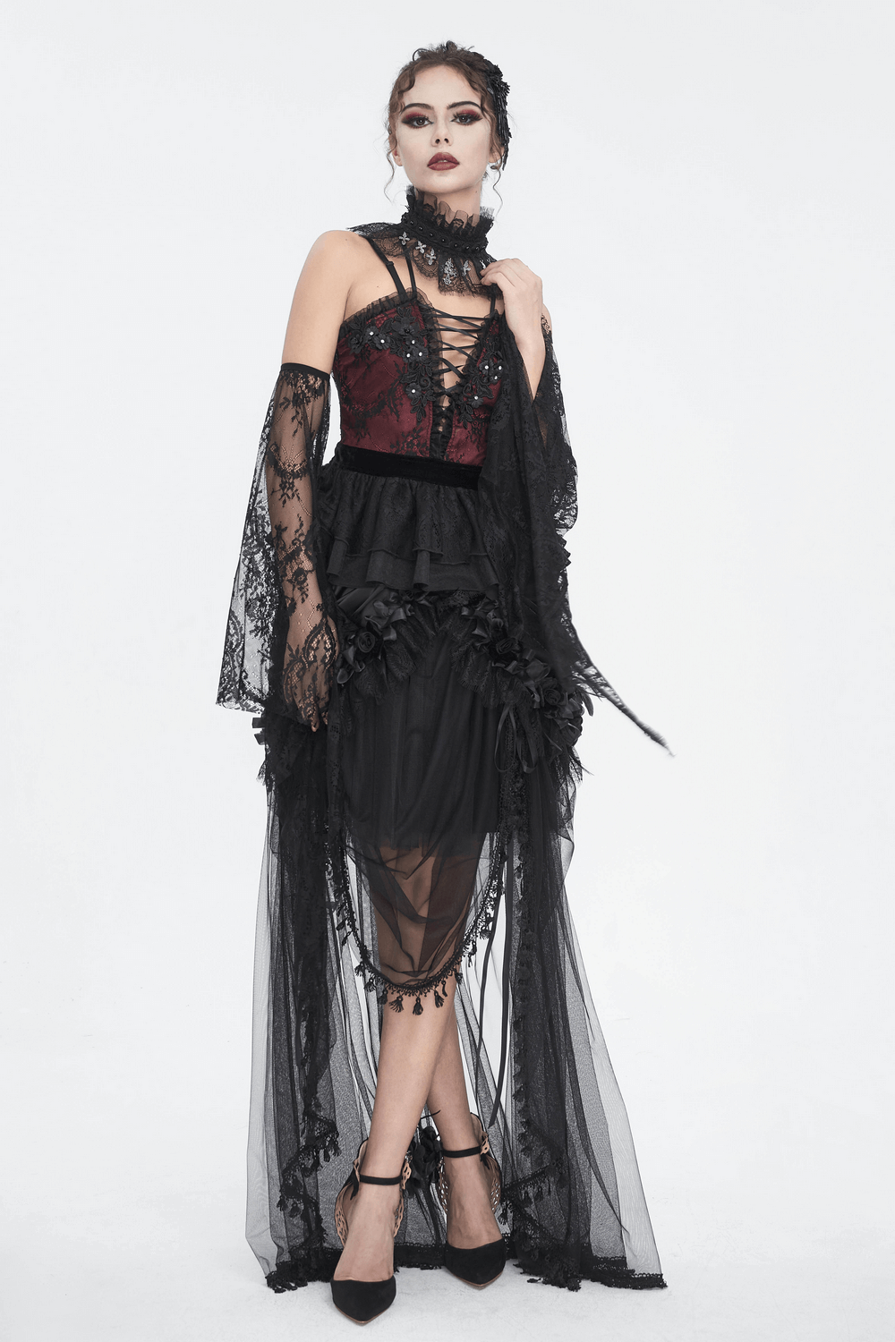 Gothic Black Lace Maxi Skirt with Satin Lining