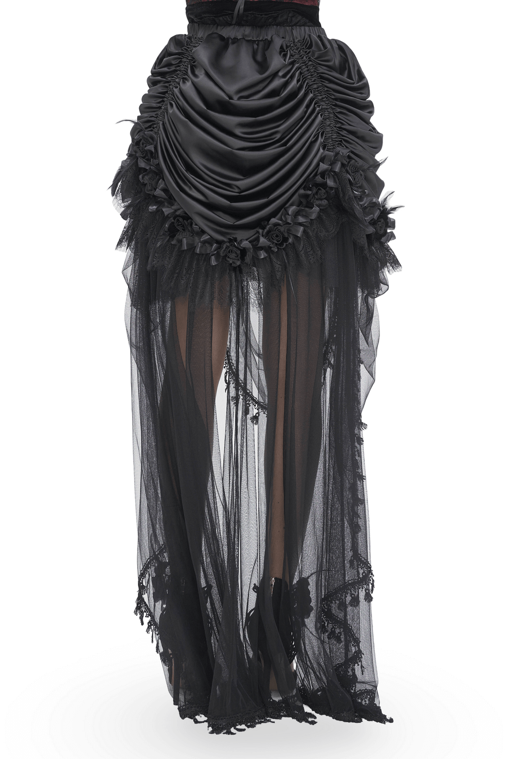 Elegant Gothic black lace maxi skirt with satin lining and ruffled detailing for a dramatic evening look.