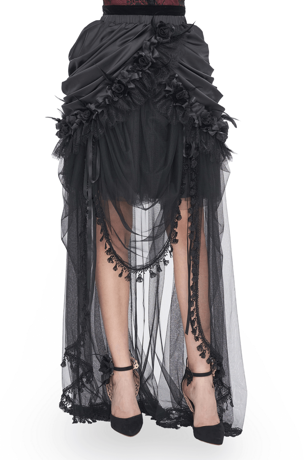 Gothic Black Lace Maxi Skirt with Satin Lining