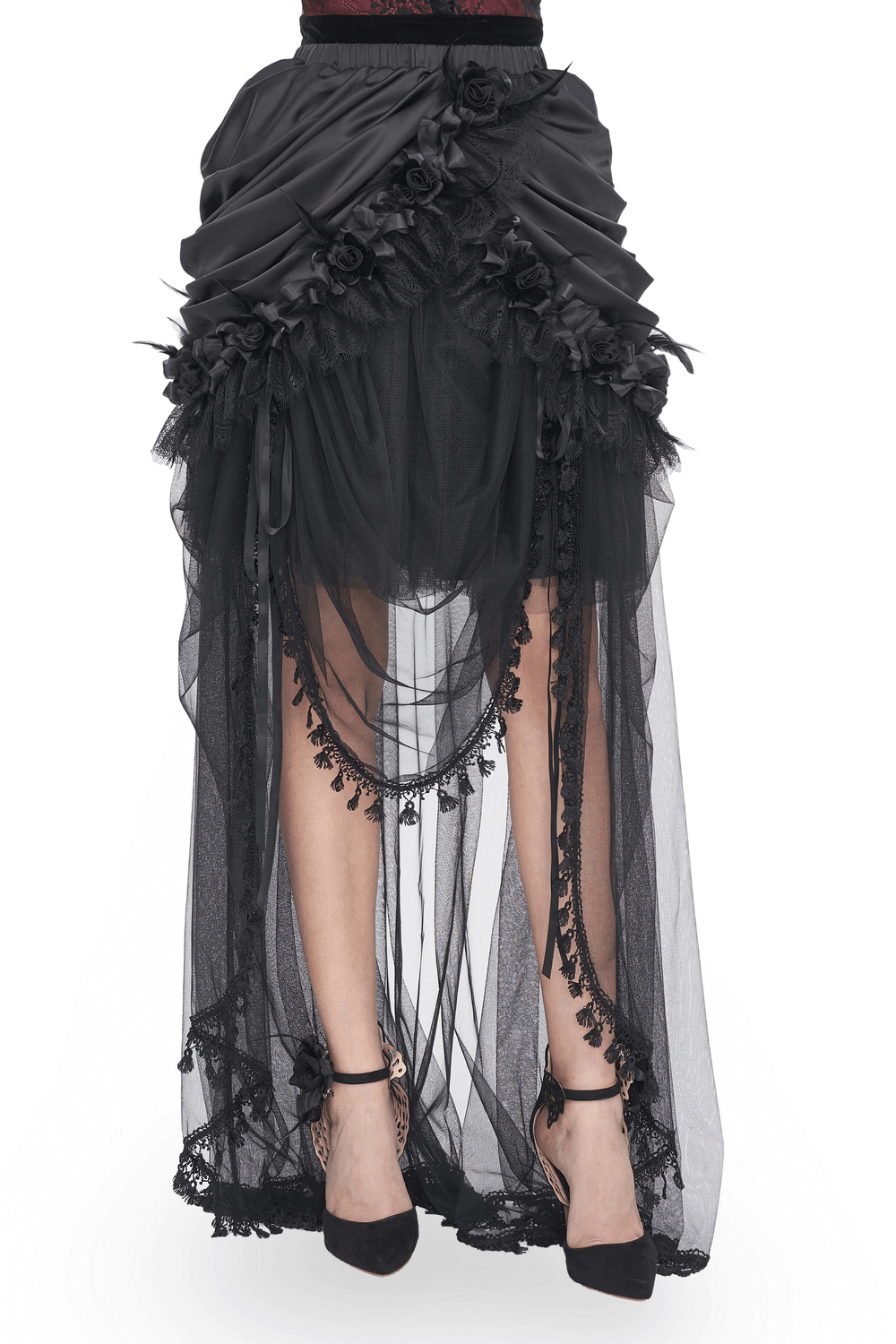 Gothic black lace maxi skirt with satin lining, showcasing elegant ruffles and floral details for a chic evening look.