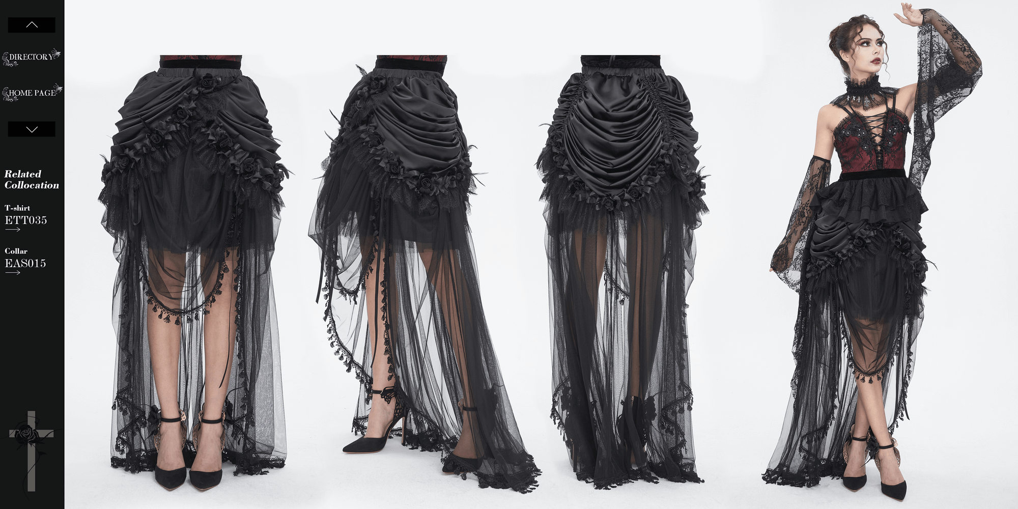 Gothic black lace maxi skirt with satin lining, featuring ruffles and intricate detailing for a dramatic evening look.