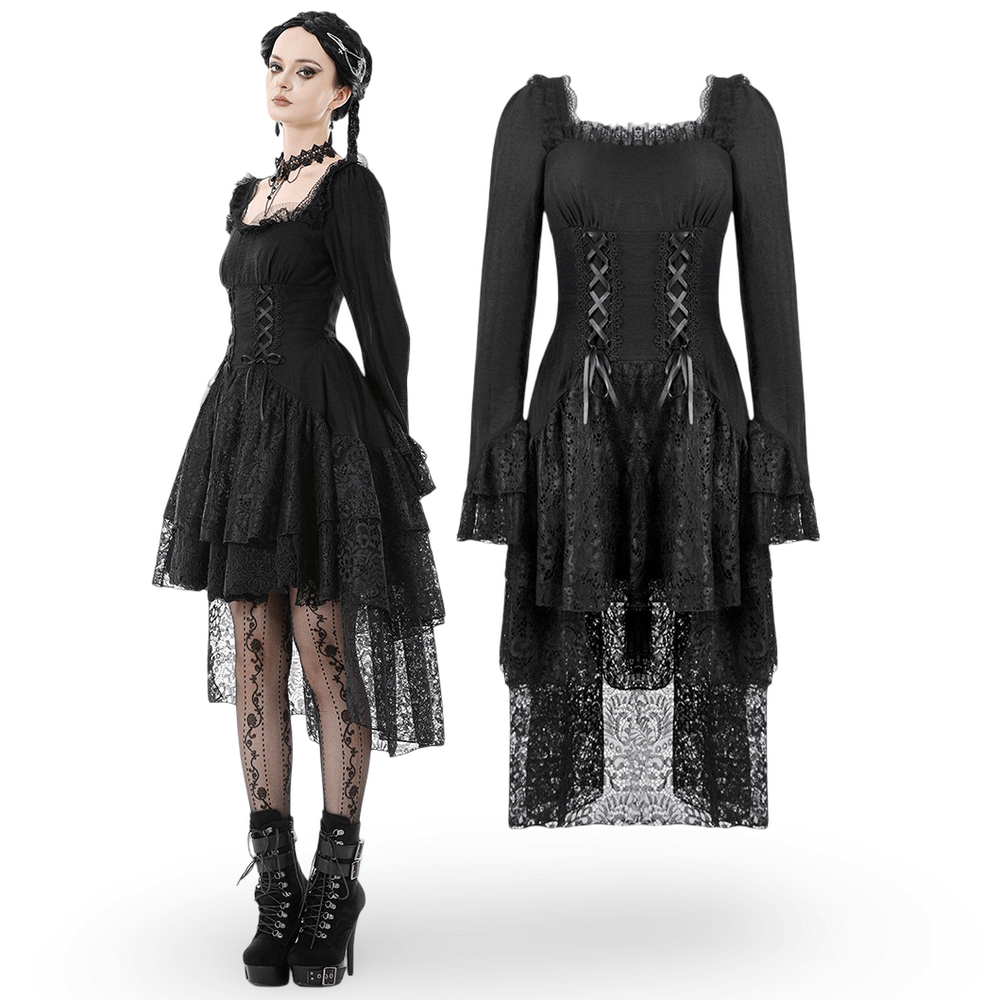 Gothic Black Lace Medieval Dress with Corset Detail featuring lace cuffs and layered asymmetrical hem.