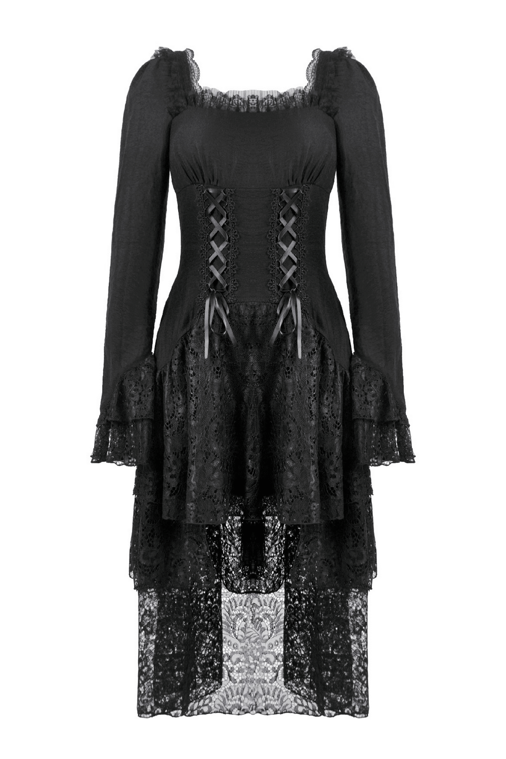 Gothic Black Lace Medieval Dress with Corset Detail featuring long sleeves and layered asymmetrical hem.