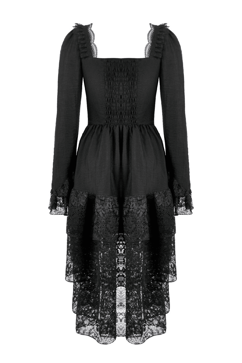 Gothic Black Lace Medieval Dress with Corset Detail showcasing long sleeves and layered asymmetrical hem.