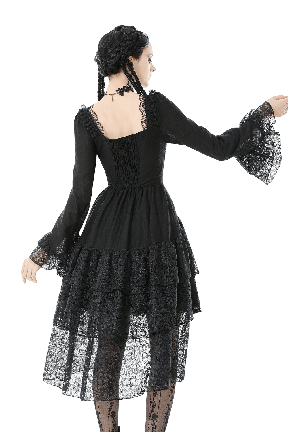 Gothic Black Lace Medieval Dress with Corset Detail showcasing a layered asymmetrical hem and flared lace sleeves.