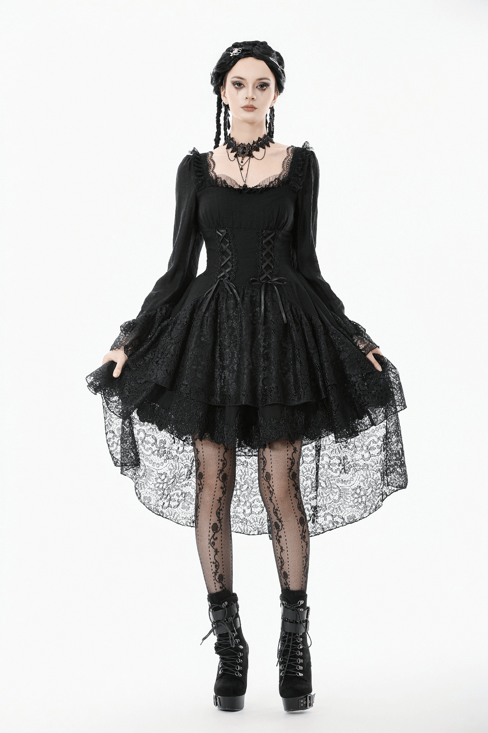 Gothic Black Lace Medieval Dress with Corset Detail worn by a model, featuring layered asymmetrical hem and flared lace cuffs.