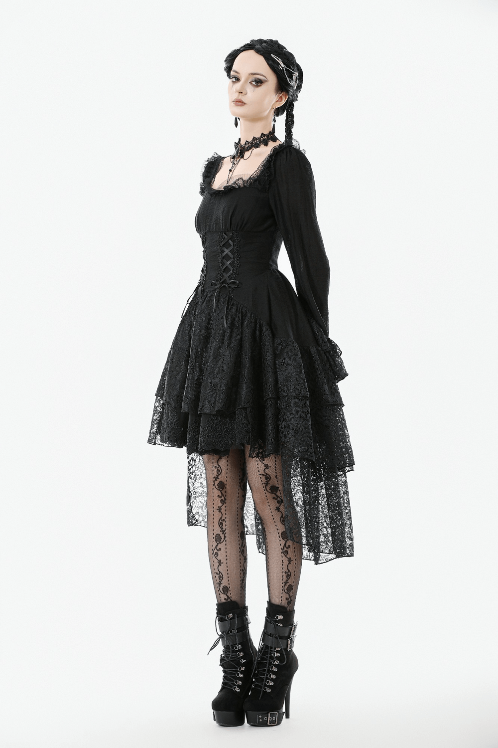 Gothic Black Lace Medieval Dress with Corset Detail worn by model, showcasing black lace, corset bodice, and stylish accessories.