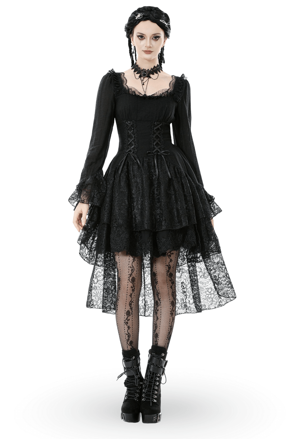 Gothic Black Lace Medieval Dress with Corset Detail featuring long sleeves and flared lace cuffs.