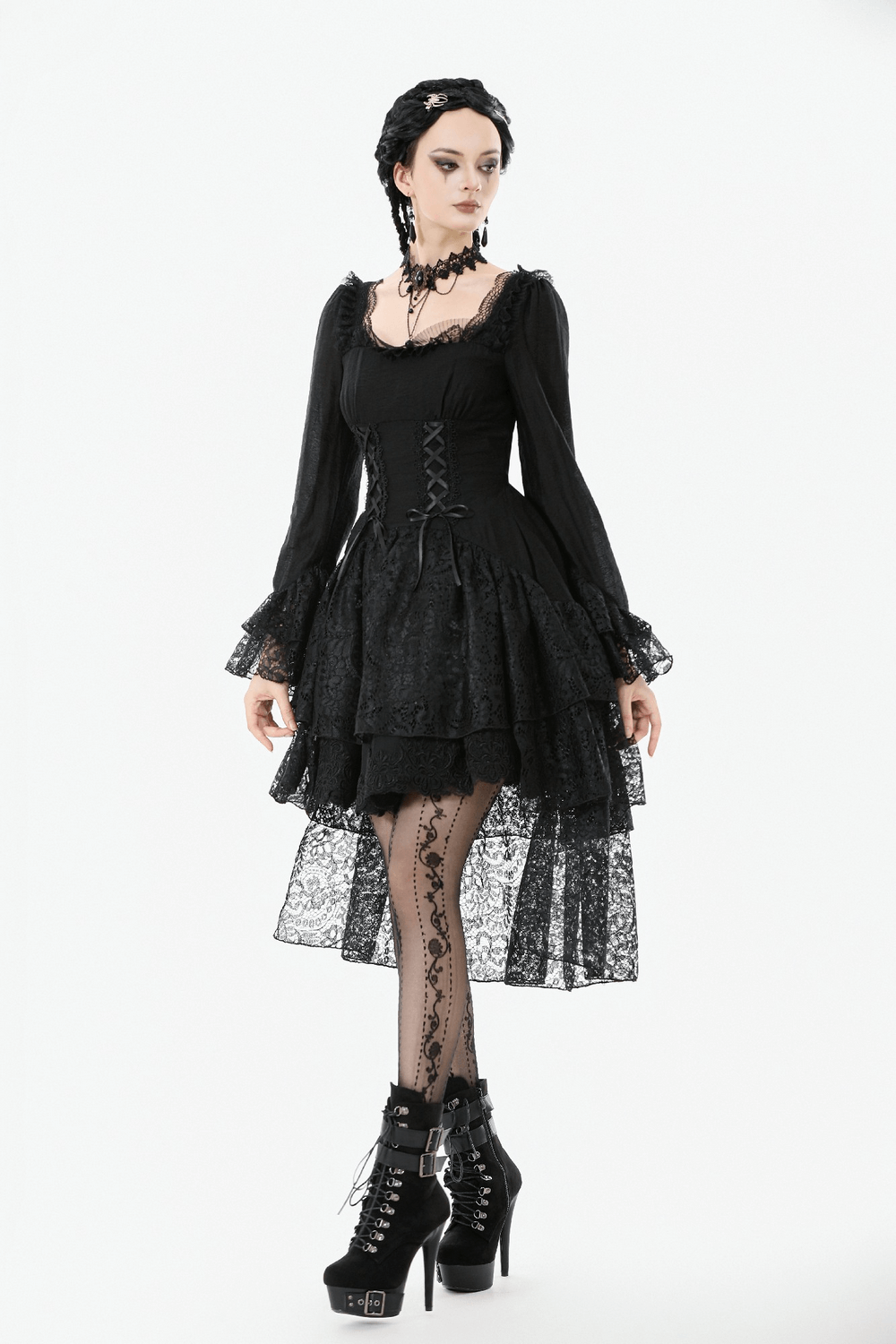 Gothic Black Lace Medieval Dress with Corset Detail worn by model, showcasing layered lace and dramatic flared cuffs.